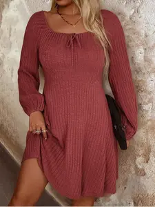 Elegant Women's Square Neck Long Sleeve Dress, Casual Wear, A-Line Crinkle Design, Comfortable Fit for Spring & Fall