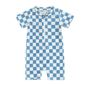 Kupretty Toddler Infant Baby Boy Girl Swimsuit Checkered  Swimwear Short Sleeve Zipper Rash Guard Summer Beach Bathing Suit