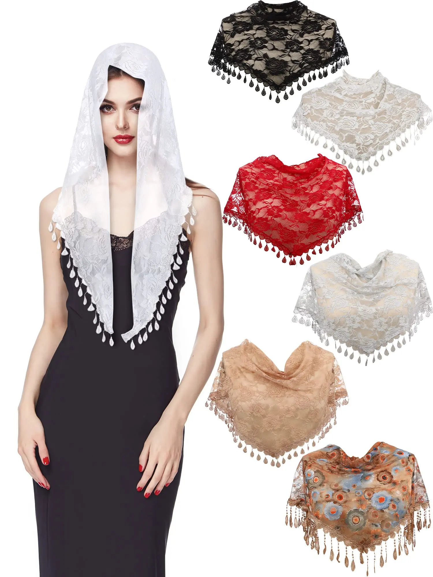 6 Pcs Mantilla Catholic Triangle Church Veil Mass Lace Women Wedding Shawl Floral Scarf Head Covering for Cathedral