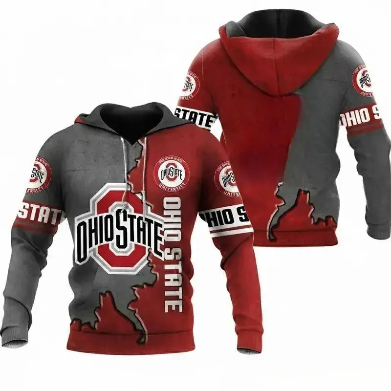 Ohio State Football 3D Print Hoodie, Vintage All-Over Print Unisex Pullover Sweatshirt, Game Day Fan Sportswear, Casual College Streetwear for Men Women