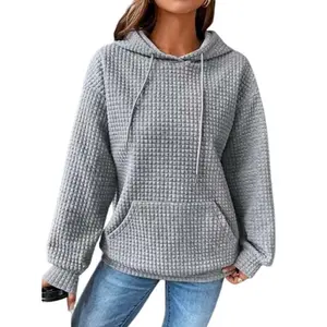 Women’s waffle long-sleeve hoodies; casual waffle pullover sweatshirt with drawstring; loose hooded sweater/top with kangaroo pocket; solid color; fall jacket/jumper; comfortable girls’ winter coat; tunic tops; outerwear