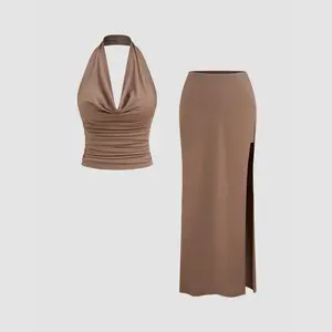 Cider [size 2-10] Halter Neckline Solid Ruched Crop Top & Mid Rise Solid Split Maxi Skirt Set SwimWeek