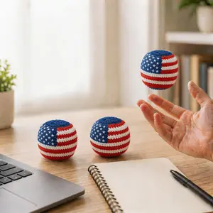 Independence Day Patriotic USA Flag Footbag HackySack Handmade Crochet Cotton Juggling Ball Outdoor Beach Party Festival Teens Adults TikTok Viral