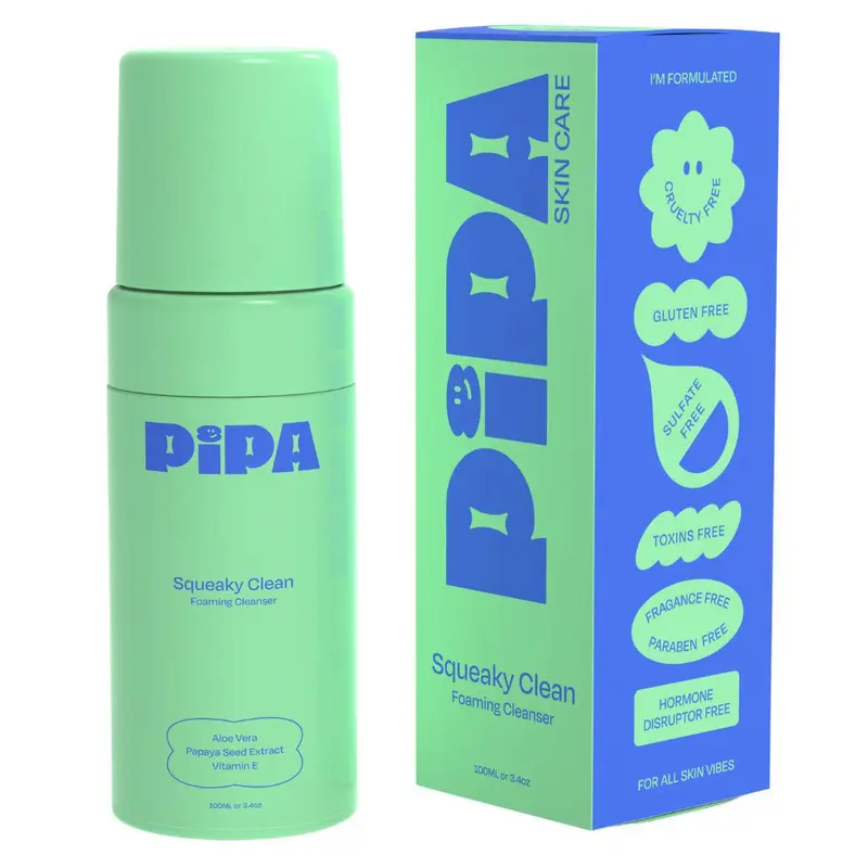 Pipa Squeaky Clean Foaming Cleanser 3.4 fl oz | Gentle Daily Face Wash for Kids & Teens | Hydrating Aloe Vera, Papaya Seed & Vitamin E, Fragrance Free, Hormone Disruptor Free, Dermatologist & Pediatrician Approved, Non-Toxic, Clean Skincare