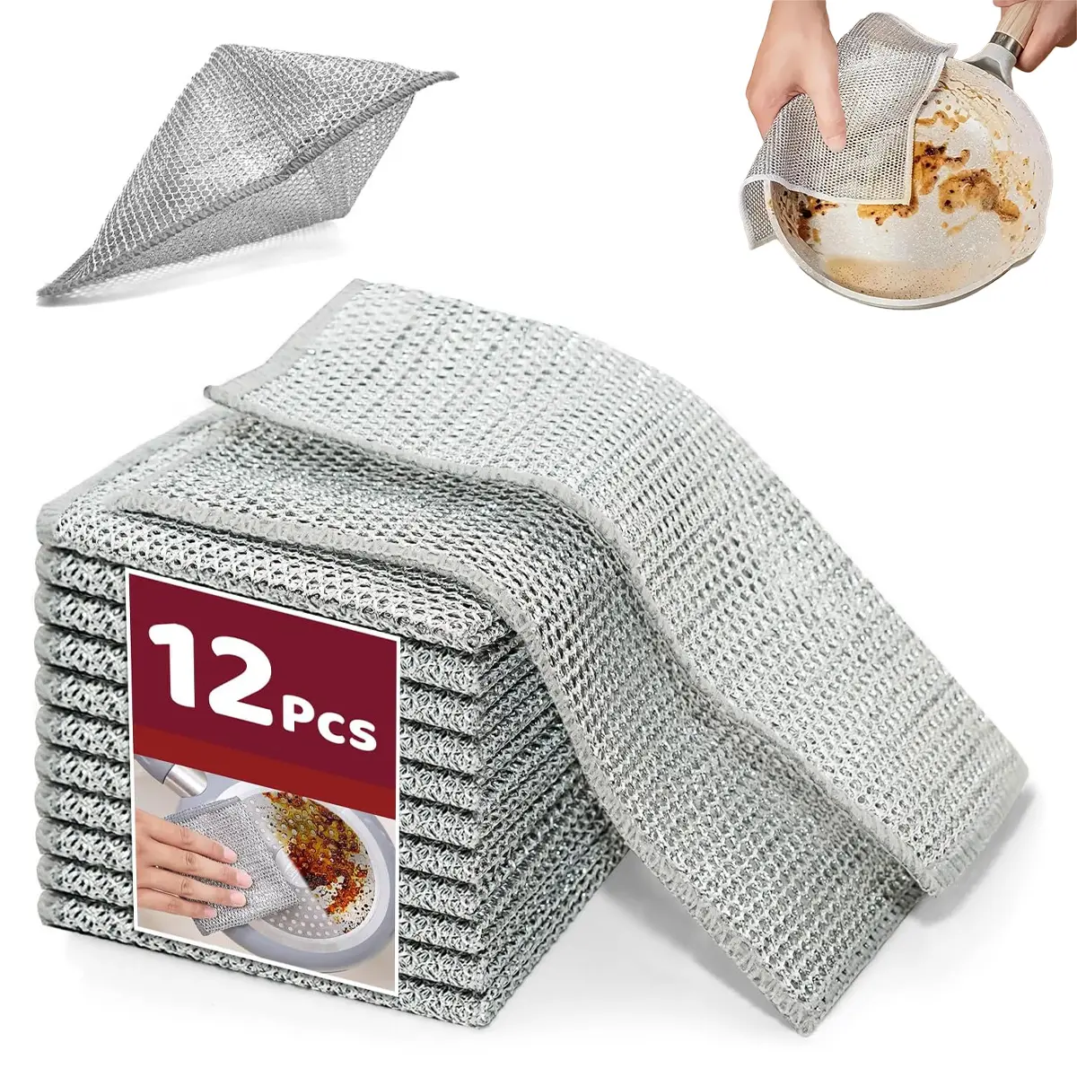 12-Pack Stainless Steel Wire Mesh Cleaner Set, 7.87x7.87 inches Non-Scratch Double Layer Steel Wool Scrubber, Reusable Washable No Battery Needed for Kitchen Cleaning (Sinks, Pans), Mother's Day Gift