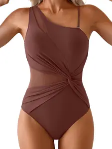 Aidonger One Shoulder One Piece Swimsuit for Women Mesh Tummy Control Bathing Suit Twist Swimwear with Removable Strap