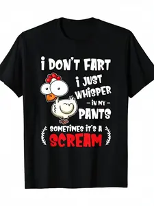 Funny Chicken Lover T-shirt-"I don't fart, I just whisper in my pants"-machine washable, black with cartoon cock print, vintage style, daily wear, for Couples, durable heavy cotton