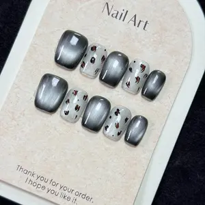 Obsessed With This Edgy Vibe! Custom Silver Grey Gradient Cat Eye Press On Fake Nails, Exquisite Hand-Painted Brown Leopard Print, Reusable, TikTok Viral Blogger Favorite