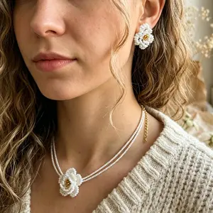 White Daisy Beaded Jewelry Set - Handmade Flower Necklace & Stud Earrings, Miyuki Bead Gift for Her