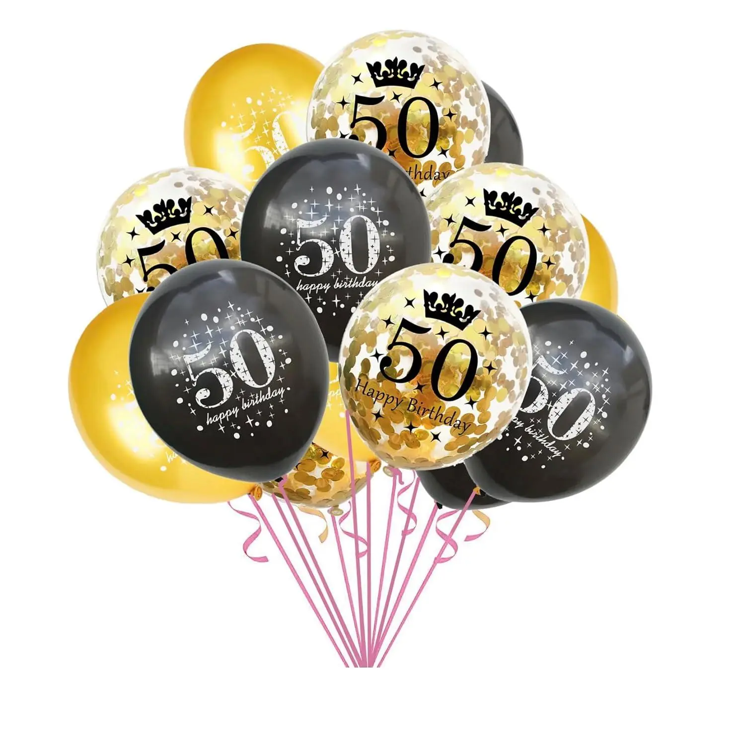 50Th Birthday Latex Balloons-Gold-Black And Clear With Confetti