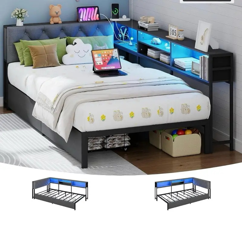 Full Size Corner Bed Frame with Storage Bookcase and Upholstered Headboard Metal Platform Bed Frame with 2 Storage Drawers, Built-in LED lights and Charging Station, Metal Slats Support, Gray