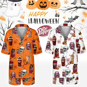 Halloween Dr Pepper Pajamas Set, Halloween Dr Pepper Lovers Pjs, Silk Pajamas, Womenswear, Silk Sleepwear, Loungewear, Gift For Her, Gift For Mom Pyjamas Homewear