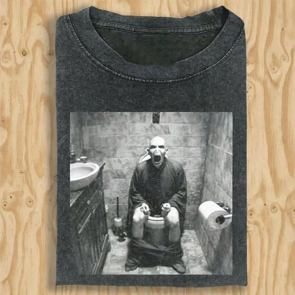 Funny Voldemort on Toilet Shirt, Dark Lord Meme Graphic Tee, Retro 90s Wizard Bootleg T-Shirt, Ironic Potterhead Gift, Unisex Cotton Crewneck T-Shirt Menswear Womenswear Streetwear Top