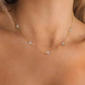 Four-leaf Clover Lucky Leaf  14K Gold Plated Cubic Zirconia Stone Necklace Pendant Women Wife Mom Gifts 15.75+1.97inch