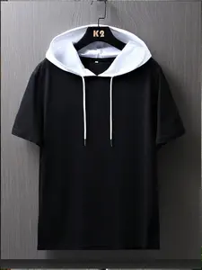 Men's Regular Fit Hooded Tee, Casual Sports Hoodie, Casual Comfy Breathable Short Sleeve Hoodie T-shirt for Summer, Fashion Men's Top for Daily Wear