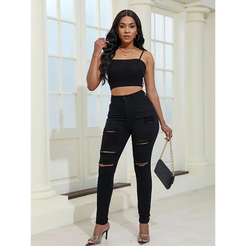 Women Distressed Curvy Jeans Women`s Mid High Waist Stretch Denim Pants Ripped Skinny Jean for women Sexy Denim High Waist Elastic Pencil Pants Capris Skinny Slim Jeans riden jeans cut pants Women's Wide leggings