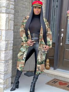 women's camo & letter print lapel trench coat, casual fashion long sleeve open front coat for daily outdoor wear, ladies clothes for all seasons