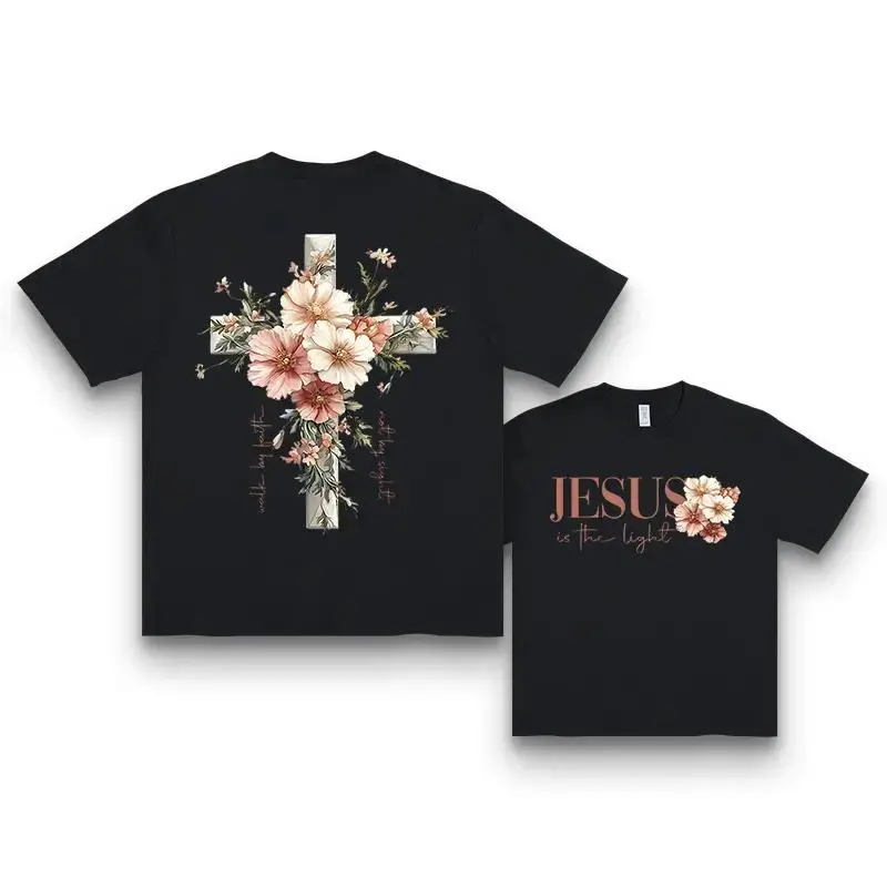 Women's Vintage Faith Graphic Tee, "Jesus Is The Light" Floral Cross Print, Aesthetic Casual Short Sleeve Top in a Breathable Cotton Blend, Party, Fabric