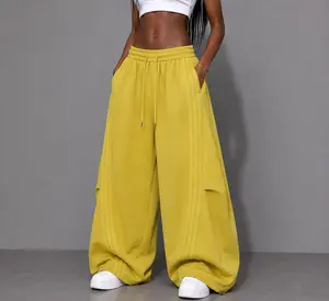Flooo 2026 New Arrival Mustard Yellow American‑Style Side‑Striped Casual Pants for Women, Trendy Spliced Draping Wide‑Leg Sweatpants