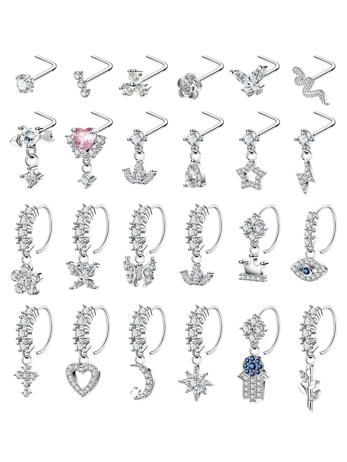 Women's Elegant Rhinestone Decor Nose Ring Set, Trendy Exquisite Nose Piercing Jewelry, Chic Body Jewelry for Parties