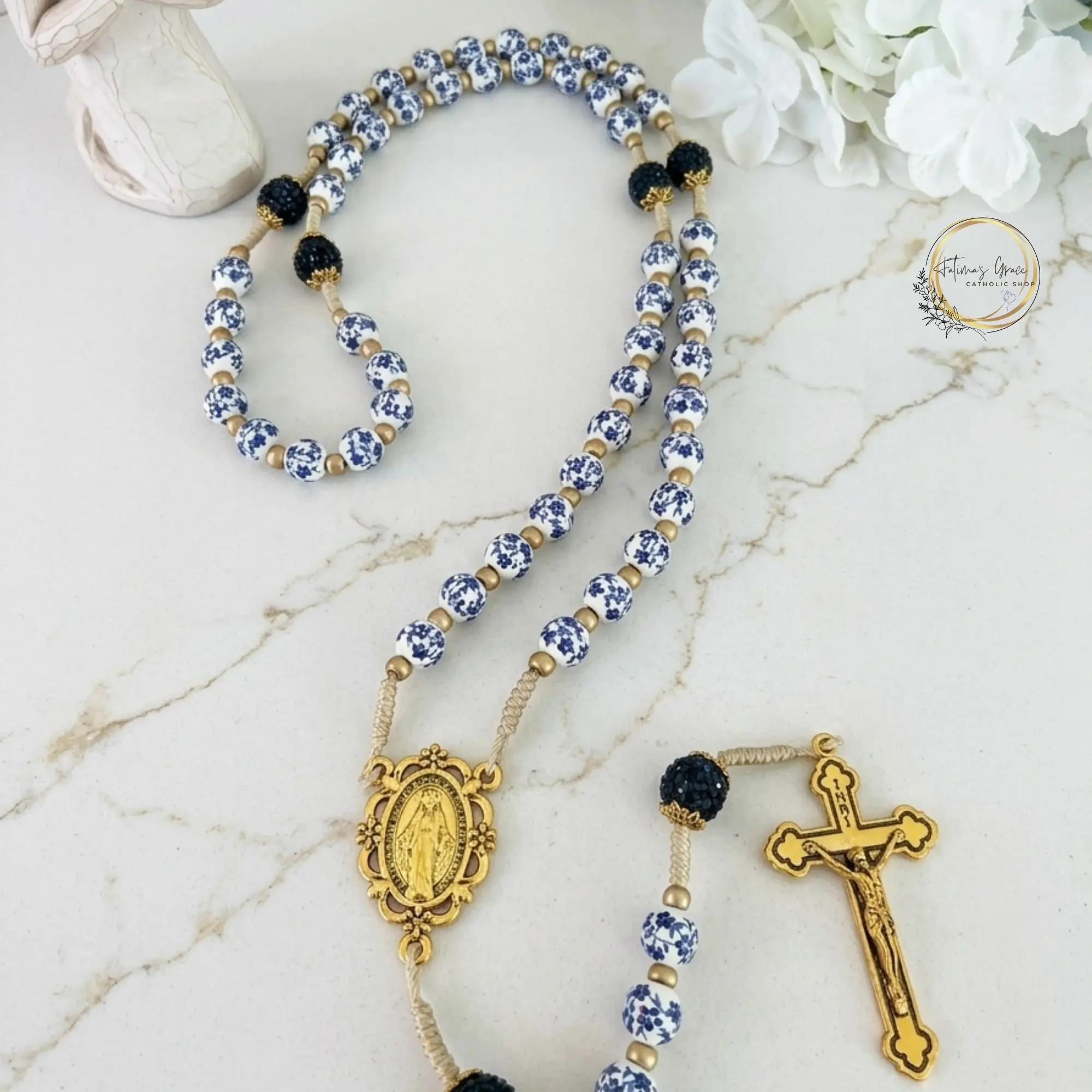 Elegant Handmade Blue Floral Vintage Rosary | Our Lady of Grace - Miraculous Medal Rosary Gift
