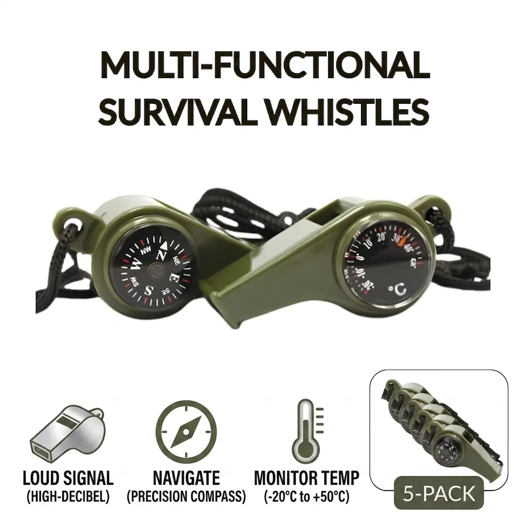 3 in 1 Emergency Survival Whistle with Compass Thermometer Portable Outdoor Camping Hiking Safety Tool with Lanyard