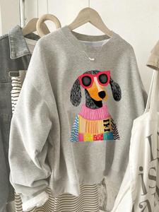 Cute Dog Graphic Oversized Crew Neck Long Sleeve Sweatshirt, Casual Women Pullover