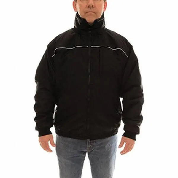 Tingley J26113.2X 2XL Black Long Sleeve General Purpose Work Safety Coat - 7 Pockets, 52-54" Chest, 0.25mm Polyurethane on 300 Denier Woven Polyester, Roll-A-Way Hood, Zipper Fly Front Closure, Stitched & Taped Seams, Elastic Wrists