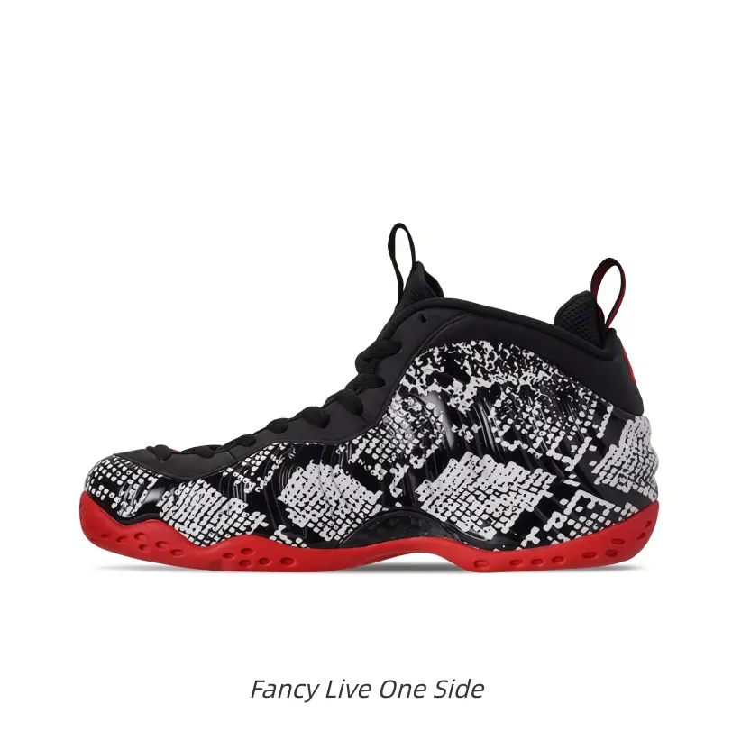 Black White Snake Skin Print Bubble Mid-Top Basketball Sneakers With Bright Red Outsole, textured reptile molded shell delivers wild street vibe for bold hip-hop and casual street daily fits