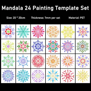 Set of 24 Snowflake Mandala Painting Templates, 20x20cm Pet Stencil Ruler, DIY Tracing Spray Drawing, Handwritten Newspaper Template