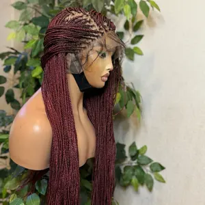 Micro Box Braids Made with 360 Full Premium Blend Lace & Human Hair Baby for All Occasions Burgundy Color. Medium: Cap size :21.5 – 22.5”