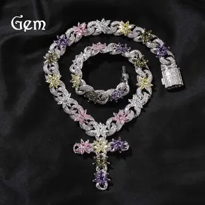 European and American fashion color ice flower cross necklace men's and women's high-end zircon flower design infinite chain jewelry