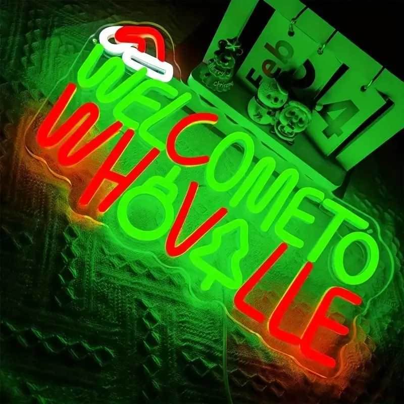 Welcome To Whoville Neon Sign, Grinch Christmas LED Neon Light, USB Powered Neon Wall Decor for Home Window, Xmas Party Indoor Decoration