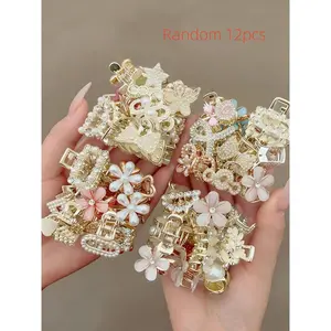 12pcs Random Women's Hair Claw Set, Elegant Style Shiny Rhinestone Hair Clips, Flower Hair Clip, Perfect for Daily Use, Wedding and Gifting, Super Cute Clips
