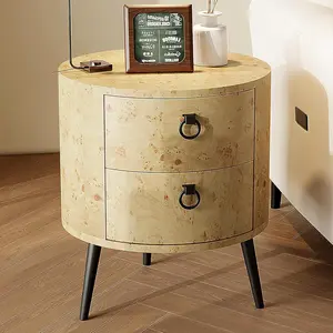 Round Side Table with Drawers Modern Night Stand with Storage Wooden Accent End Table Circle Bedside Table with Metal Legs for Living Room Bedroom (Gold)