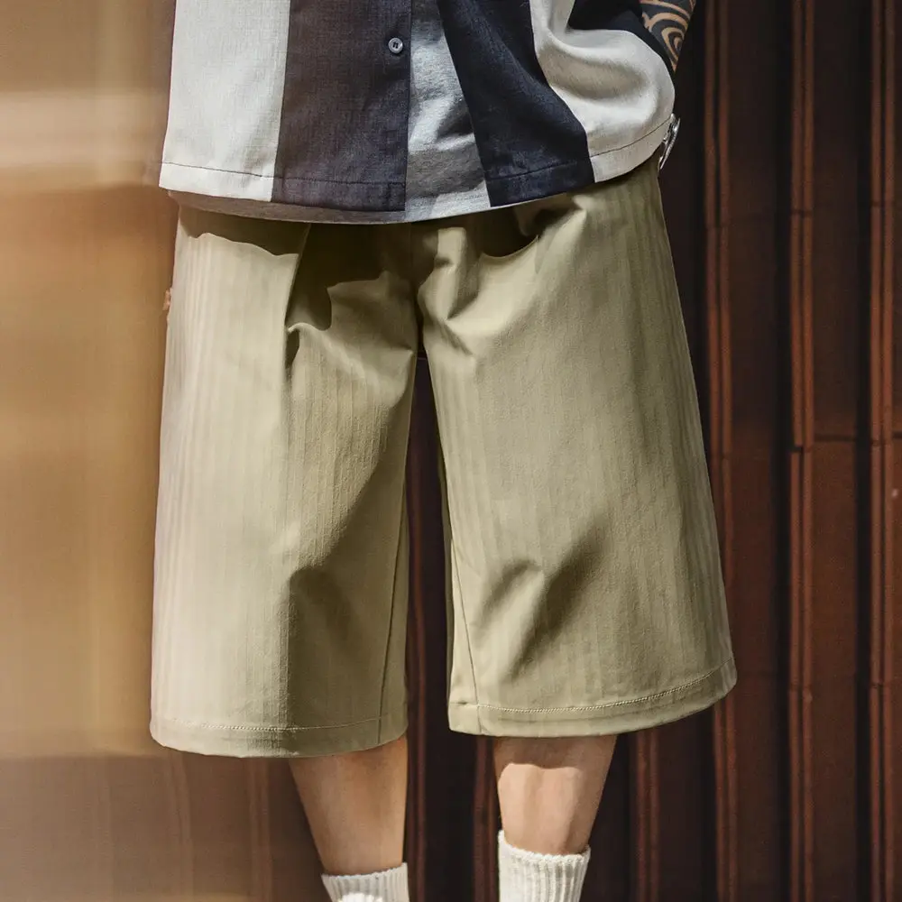 Maden Vintage Wide Leg Shaped Cropped Shorts Men's Spring And Summer Elastic Waist Pocket Casual Shorts Street Chicano Bottom
