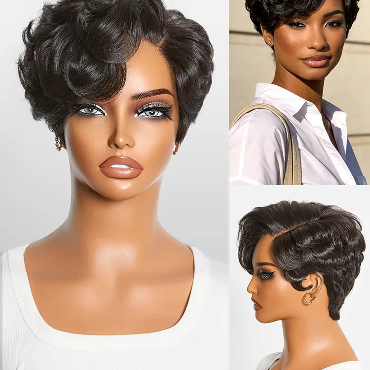 LUVME Short Pixie Cut Wig for Women, Glueless Pre-cut T-Part HD Lace Front, Natural Black Roll Curl Human Hair, Lightweight & Beginner Friendly, Pre-Cut Lace