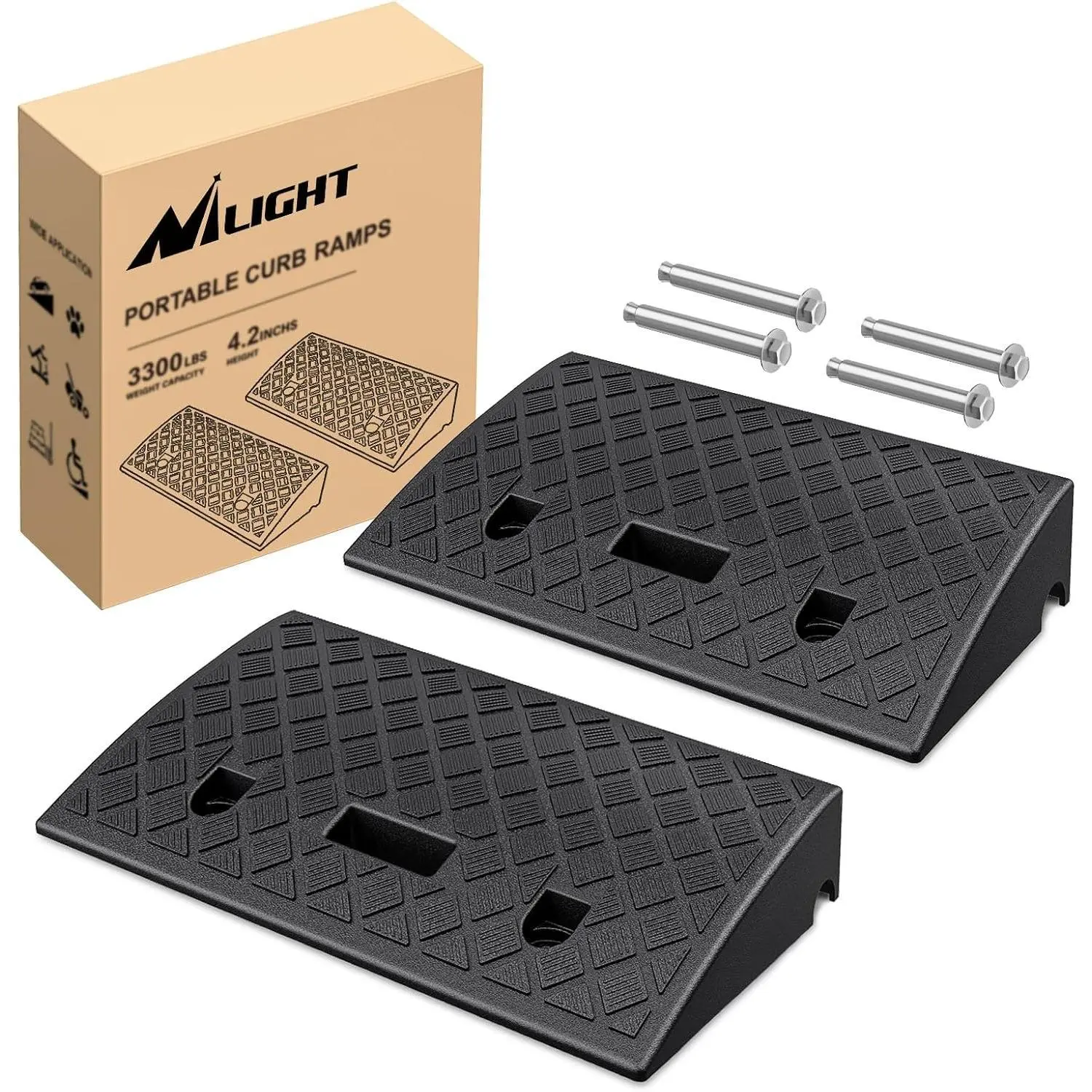 Nilight HDPE Plastic Curb Ramps, 2-Pack 4.2 in Rise with Pre-Drilled Slots, Slip-Proof Textured Grip, Portable Lightweight Heavy-Duty Threshold Ramp for Wheelchair, Driveway Access