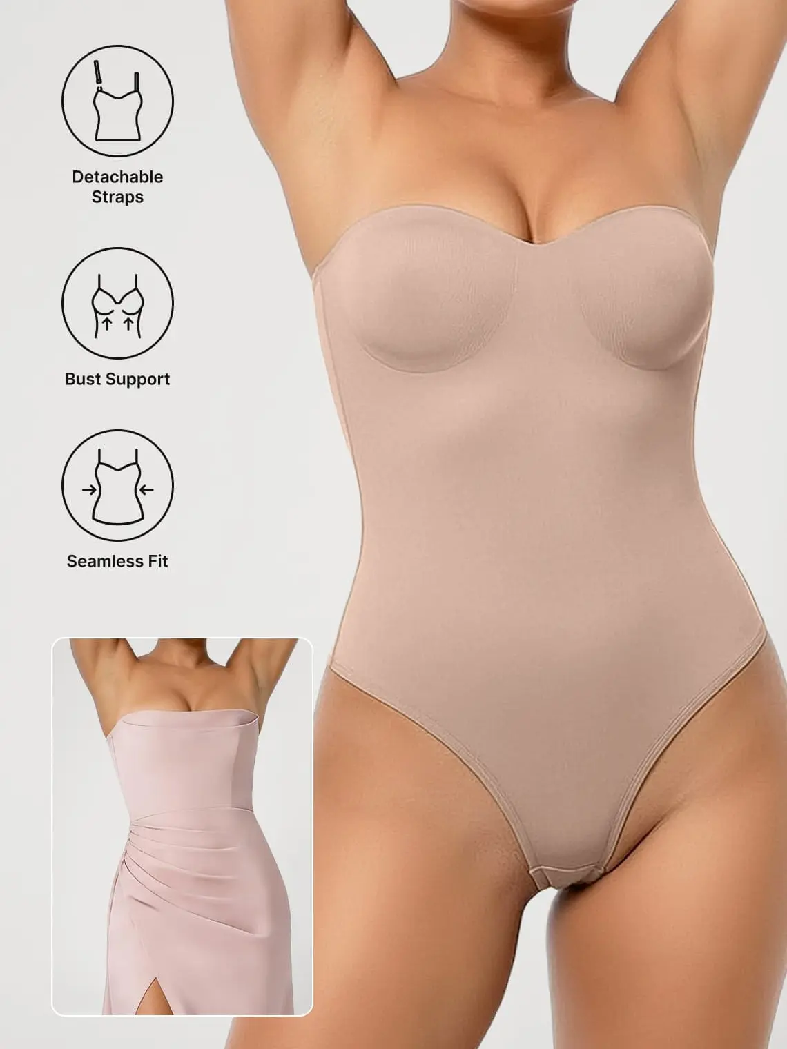Azazie Strapless Invisible Molded Cup Shapewear Bodysuit, Seamless Backless Tummy Control No-Slip for Wedding Bridal Prom Evening Gowns, Nylon Blend