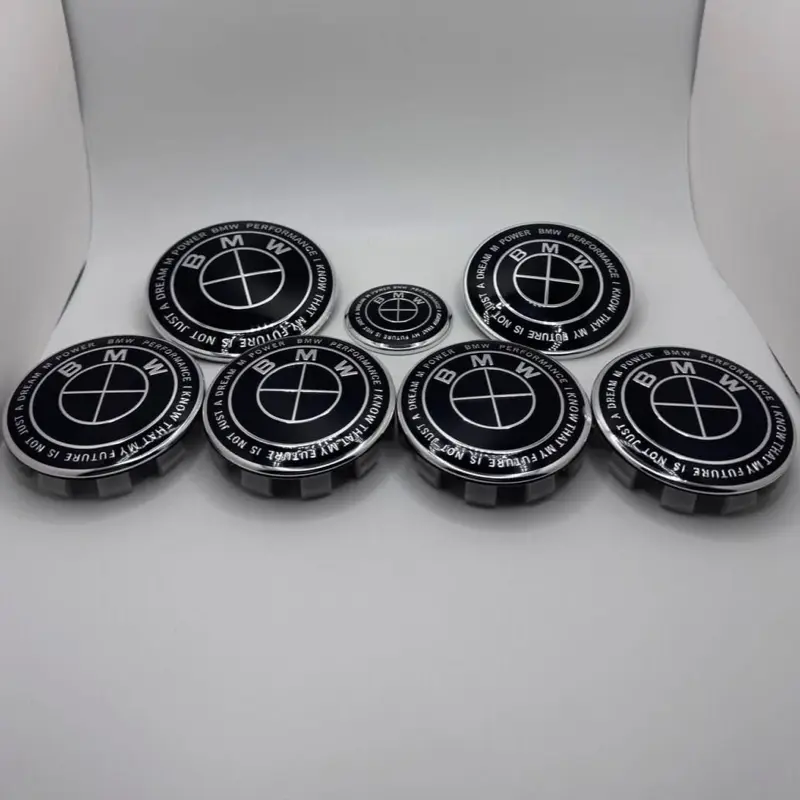 BMW 50th Anniversary Black M Performance Style 7-Piece Emblem Set - 5x112 56MM Hub Caps for Trunk, Hood, Wheels, Steering Caps, Vehicle Exterior Decoration (Car Accessories, Auto Parts Accessories for Cars)