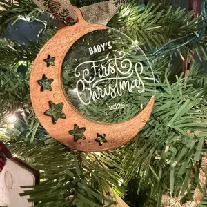 Personalized Baby’s First Christmas Moon Wood & Acrylic Ornament Laser Cut Engraved Hand Stained Keepsake for Child's First Holiday