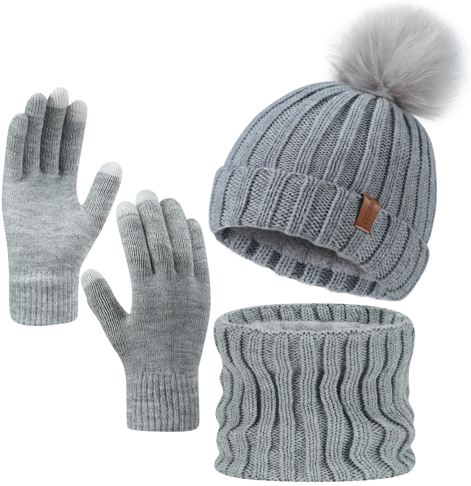 3-Piece Winter Must-Haves Gloves That Work With Touchscreens Beanie & Scarf Unisex Grey Knit Set