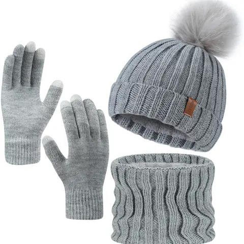 Unisex 3-Piece Winter Knit Accessory Set - Touchscreen Compatible Gloves, Beanie, Scarf, Grey, Styling, Warm & Connected, Daily, Party, Versatile Practical Fashion Accessory Set