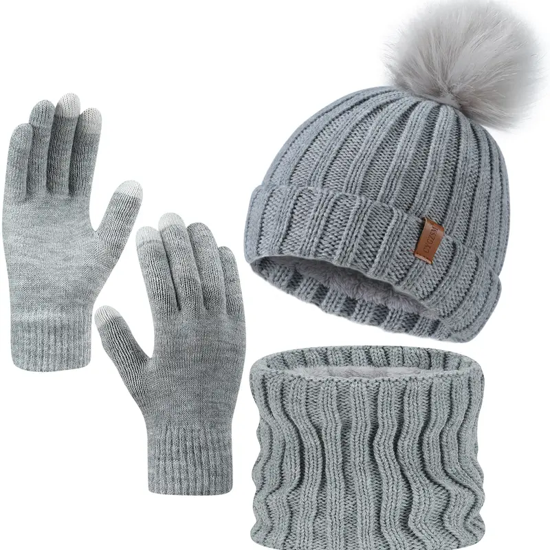 Unisex 3-Piece Winter Knit Accessory Set - Touchscreen Compatible Gloves, Beanie, Scarf, Grey, Styling, Warm & Connected, Daily, Party, Versatile Practical Fashion Accessory Set