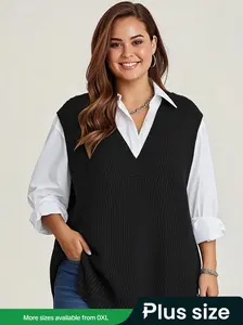【Plus Size】 Solid Color Basic Split Hem V Neck Knit Tank Top Vests Fitted without Shirt, Casual Sleeveless Knitwear for Fall & Winter, Lady Womenswear Clothing for Daily Wear