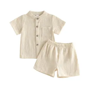 Toddler Baby Boy Shorts Set Cotton Linen Short Sleeve Button-up Shirt and Shorts 2 Piece Summer Spring Outfit