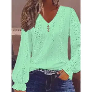Plus Size Eyelet Button Decor T-Shirt, Casual V Neck Long Sleeve Top For Spring & Fall, Women's Plus Size Clothing Fabric Spandex