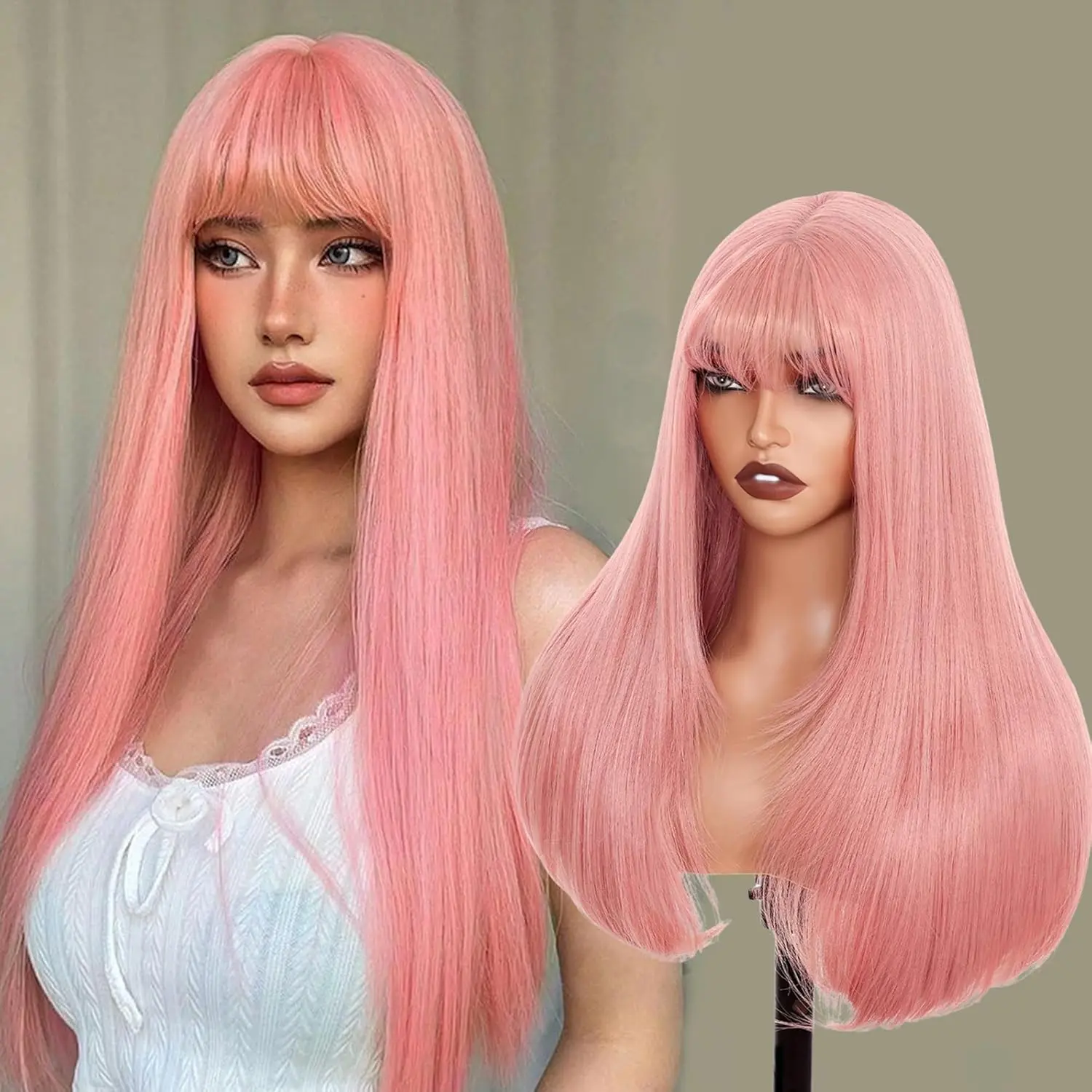 26 Inch Pink Wig with Bangs |     Long Pink Layered Wig for Women |     Realistic Scalp, Freestyle Parting |     Heat Resistant, Wear & Go, No Glue Needed |     Stra