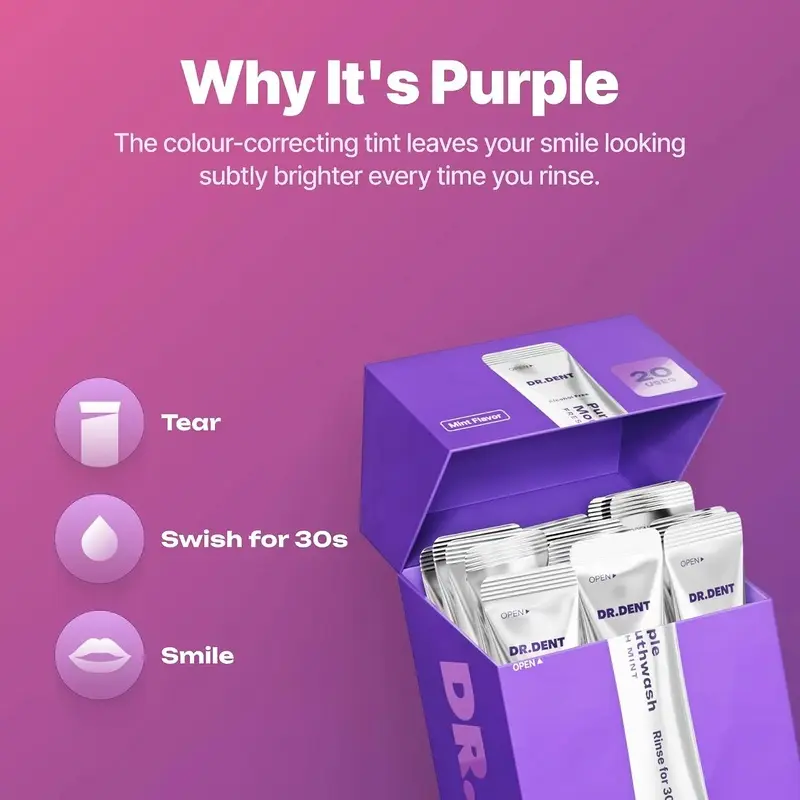 DR.DENT Purple Mouthwash for Teeth Whitening - Color Correcting Mouthwash Sachets - Peroxide Free, Alcohol Free - Freshens Breath, Supports Gum Health - Vegan, Mint Flavor (20 pc)