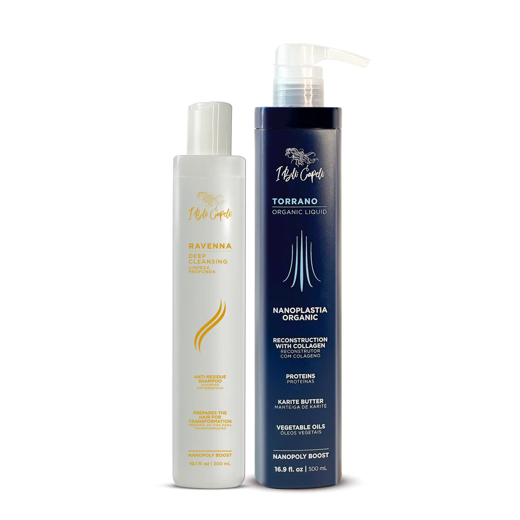 Kit I Belli Capelli Shampoo Ravenna Deep Cleansing + Torrano Organic Fluid Style Hair Care Hydrating Haircare Conditioner Repairing Keratin Cleanser